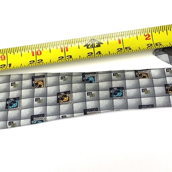 GIANNI VERSACE Vintage 90s Tie Baroque Flower Medusa Grey Squares Plaid Necktie - Picture 10 of 12